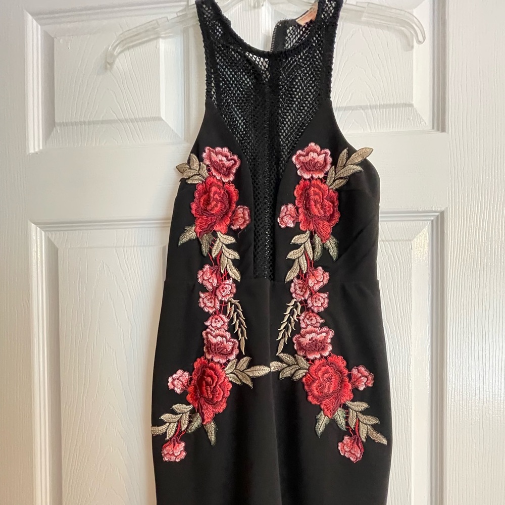 Black mini dress with floral embroidery